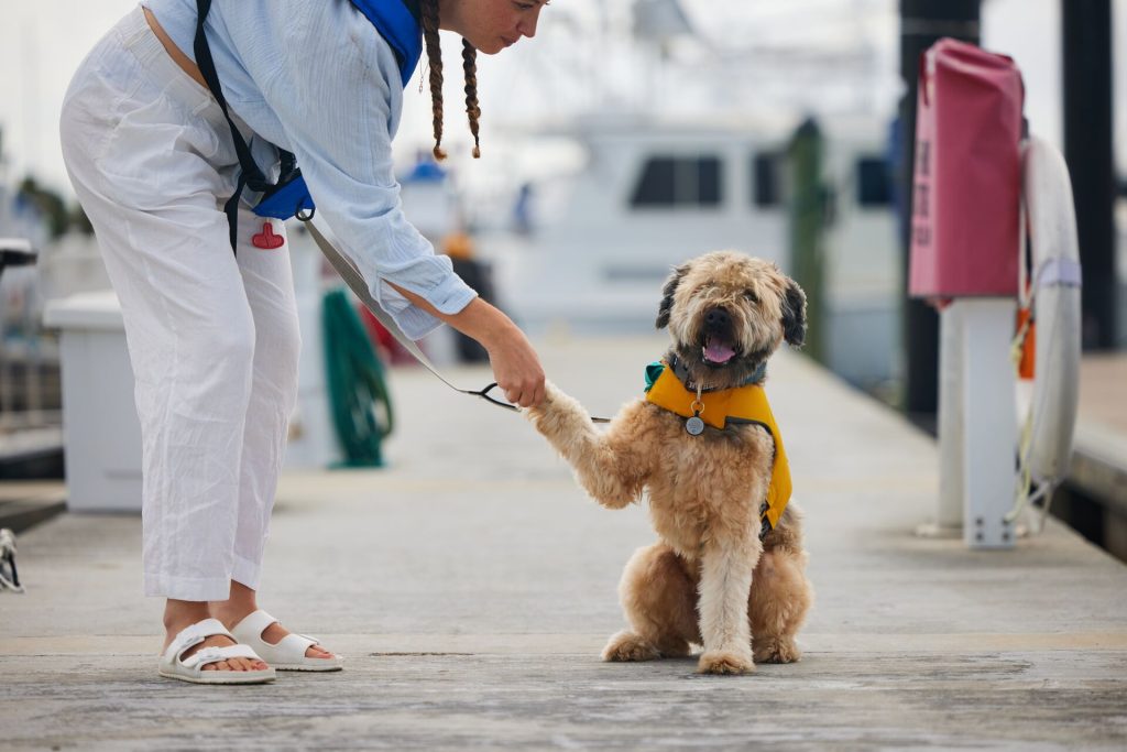 A woman with a dog in a lifejacket on a dock.