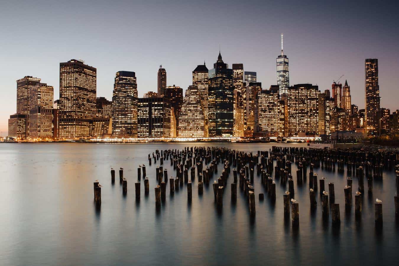 A view from one of New York's waterways looking at the NYC skyline. 