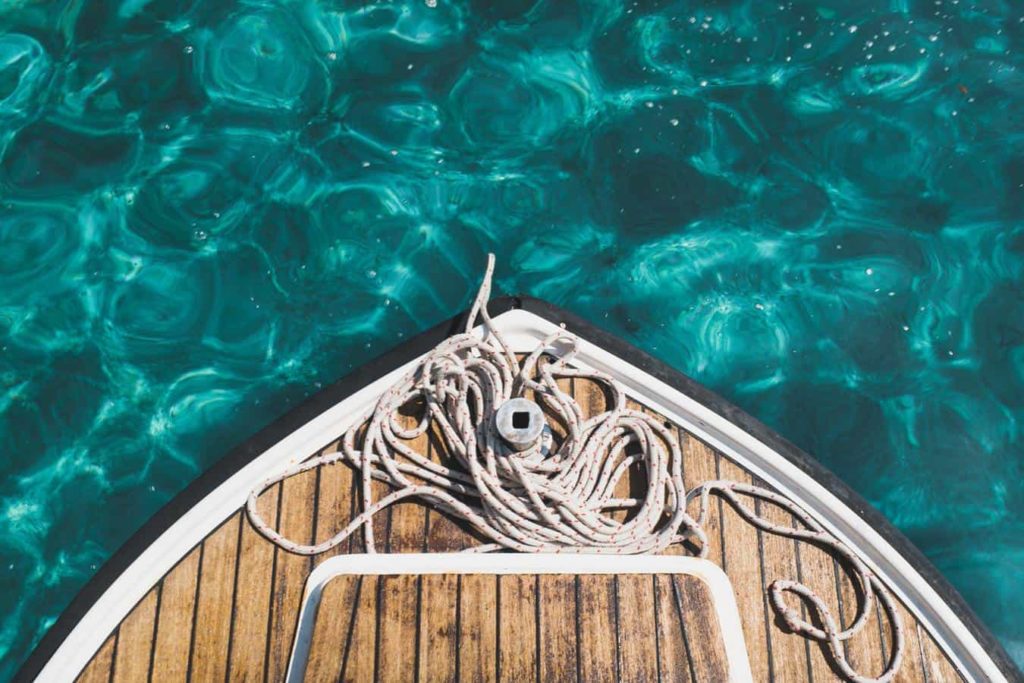 Overhead view of rope on a boat deck, how to navigate lock water concept. 