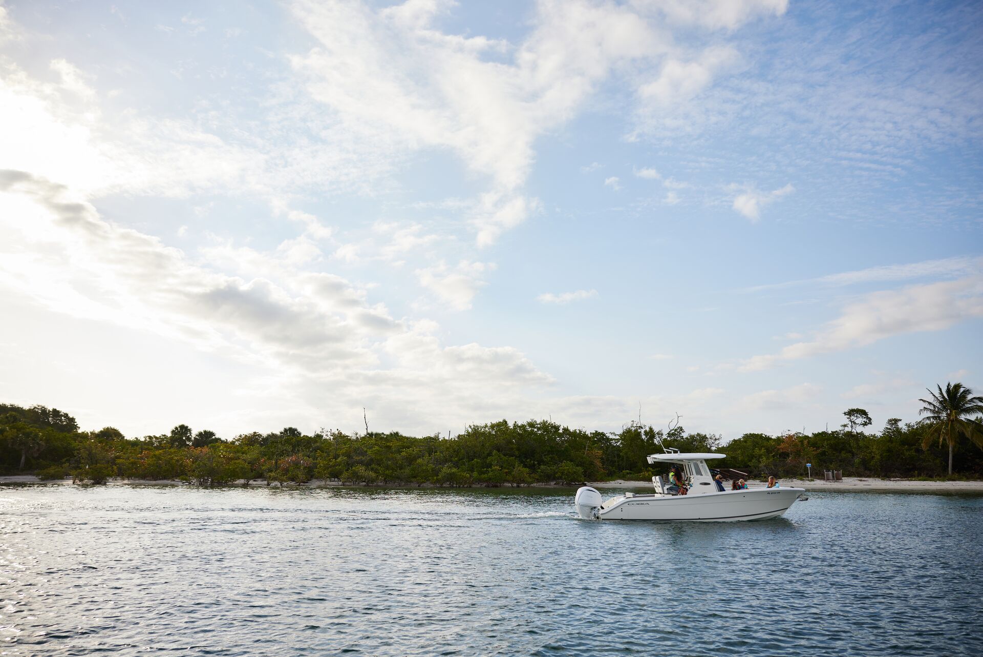 A boat driving slowly near the shore. 