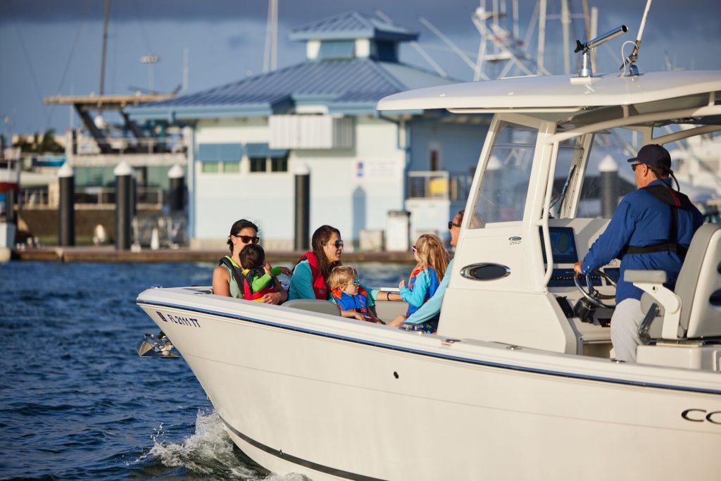 People enjoying a boat on the water, Florida boat registration concept. 