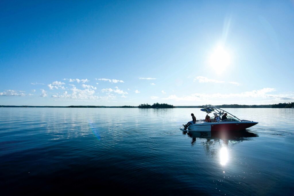 A boat on a lake, boating in Quebec concept. 