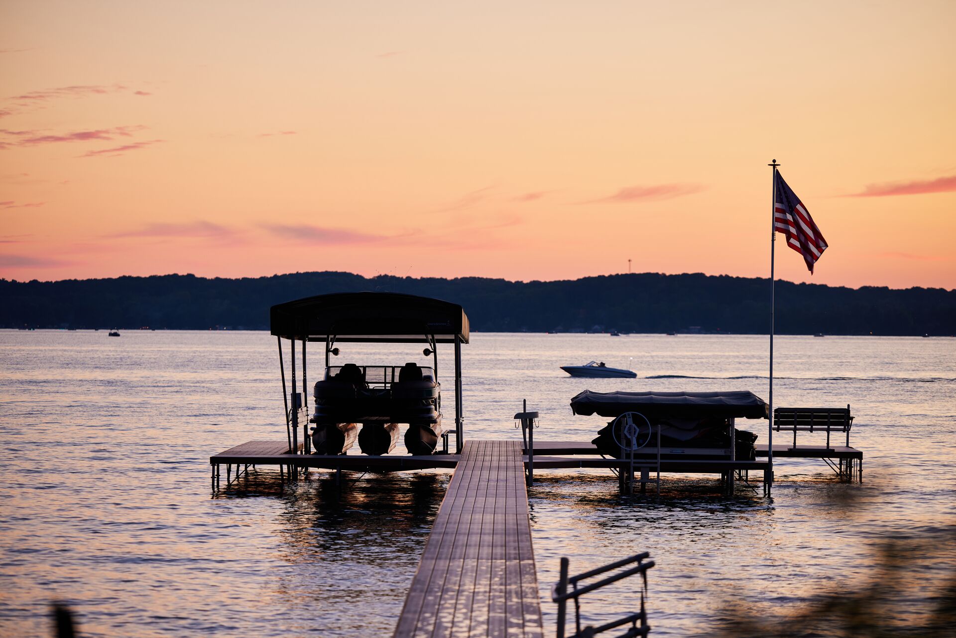 A boat at the dock on a lake, boating in Mississippi concept. 