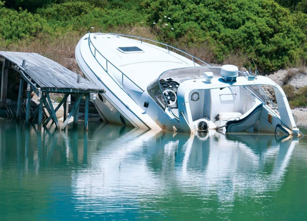 A boat partially submerged, avoid drinking and boating concept.